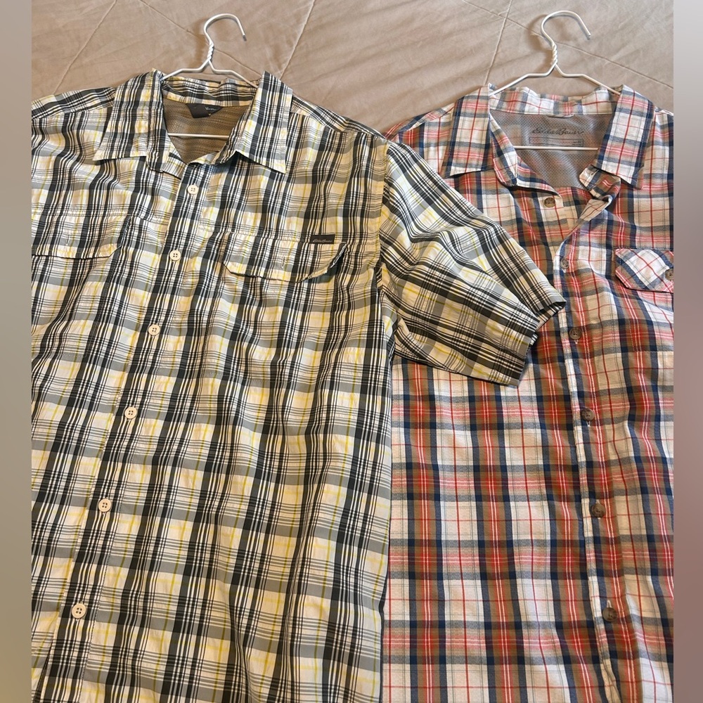2 Eddie Bauer Men's Plaid Button Down Shirts - Yellow, Black, Red, and Blue